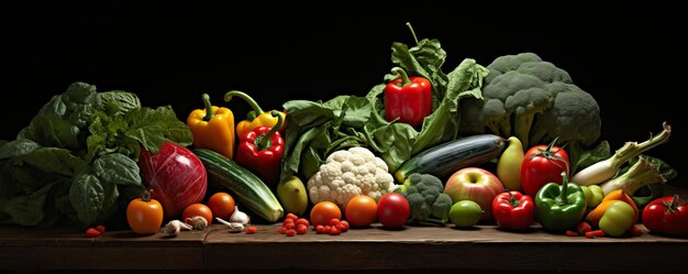 Gran selección de frutas y verduras ecológicas frescas y saludables en una mesa de madera oscura