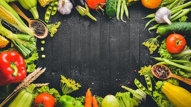 Una gran selección de verduras y especias frescas crudas Sobre un fondo de madera negra Vista superior Espacio libre para el texto