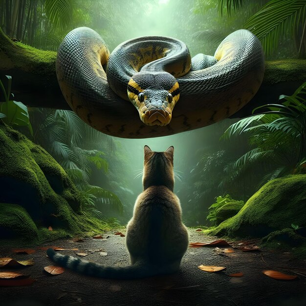 Gran serpiente y un lindo gato en el bosque