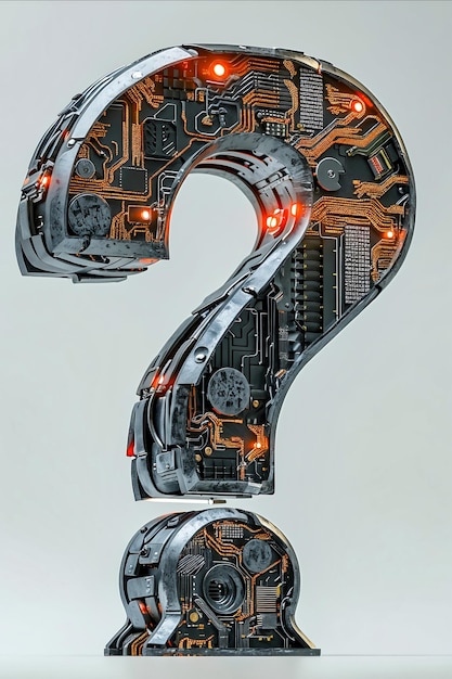 Un gran signo de interrogación metálico brillante hecho de componentes electrónicos