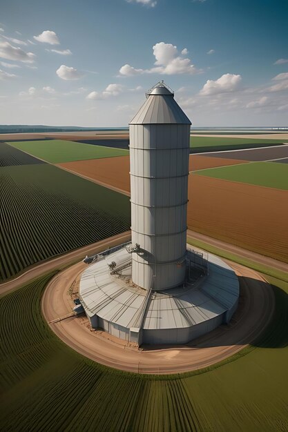 Foto un gran silo con un campo de cultivos y un camión en el medio
