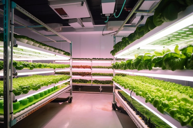 Un gran sistema hidropónico interior con una planta verde en el interior.