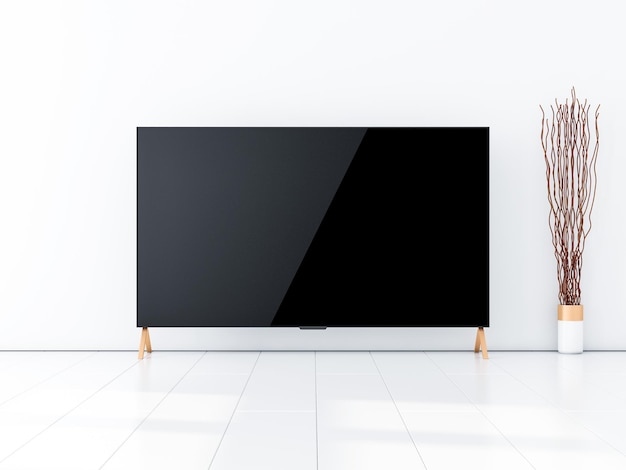 Gran Smart tv en el suelo en un interior blanco y moderno. representación 3d