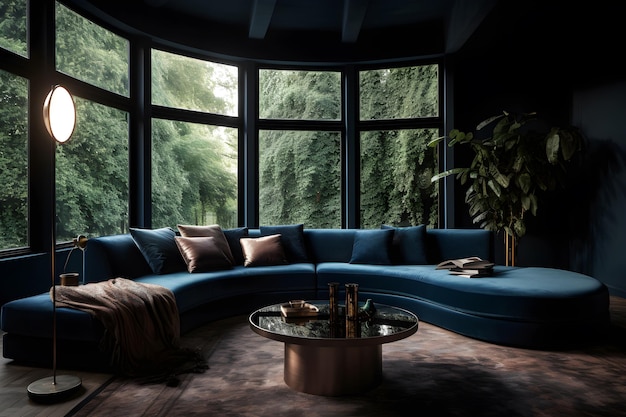 Un gran sofá azul en una habitación oscura con una gran ventana que dice "lo mejor"