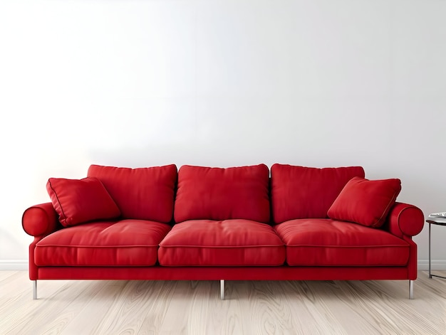 Un gran sofá rojo moderno para sala de estar sobre un fondo de pared blanco brillante y suelo de madera