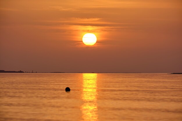 Gran sol amarillo poniéndose sobre la superficie del mar.