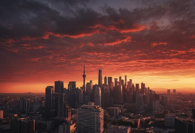 Un gran sol rojo en el cielo de la puesta de sol sobre los techos de los edificios paisaje urbano cielo nocturno en la luz del sol brillante sobre la ciudad del crepúsculo