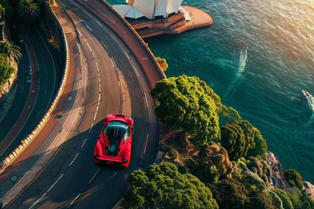 Foto un gran supercoche conduciendo en una carretera sinuosa en sídney