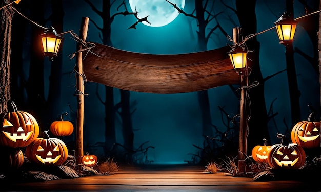 Una gran tabla de madera en un bosque oscuro y espeluznante con calabaza de Halloween bajo la luna llena