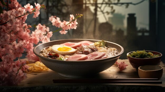 Foto un gran tazón de ramen en las flores de cerezo jardín de otoño japonés