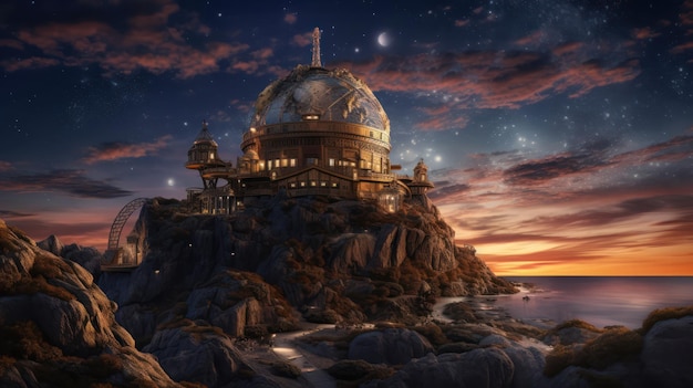 Un gran telescopio astronómico está instalado bajo el encantador cielo crepuscular