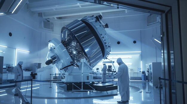 Foto gran telescopio espacial moderno interior de la sala del observatorio con astrónomos profesionales