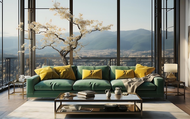 Foto gran terraza china con sofá, flor de vidrio transparente y árbol