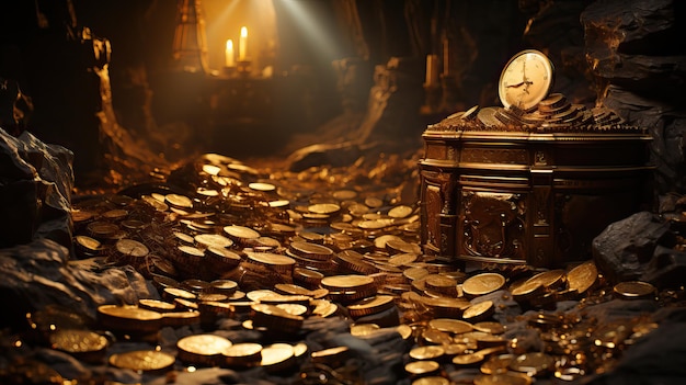 Gran tesoro con moneda de oro dentro de un lugar antiguo