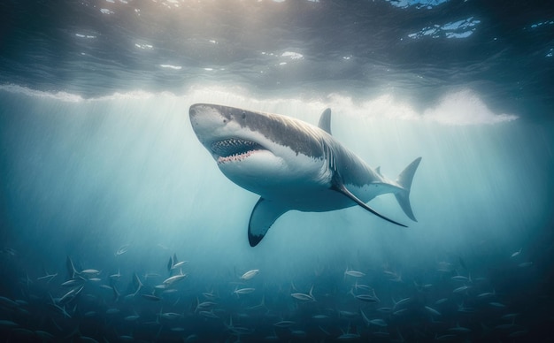 Gran tiburón blanco bajo el agua océano mar animales acuáticos AI generativa