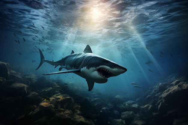 Gran tiburón blanco Carcharodon carcharias nadando bajo el agua Ilustración hiperrealista