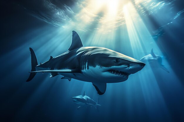 el gran tiburón blanco nada en el océano con otros tiburones con el sol brillando a través del agua