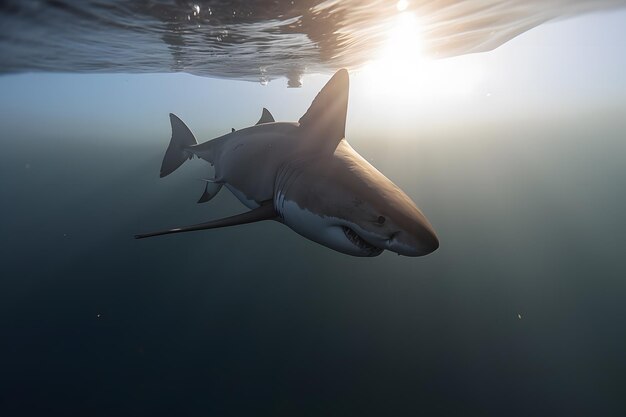 El gran tiburón blanco posando en la red neuronal de agua azul profunda generada por AI