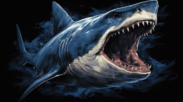 Un gran tiburón blanco que habita en el agua con la boca abierta Ilustración IA generativa