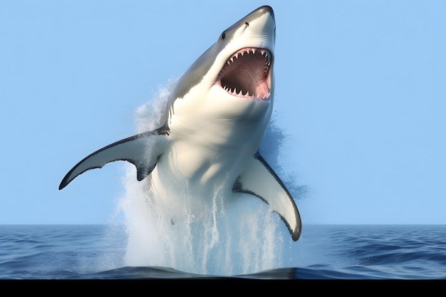 Gran tiburón blanco saltando fuera del agua en el océano generado por la IA