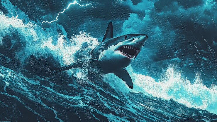 El gran tiburón blanco en una tormenta