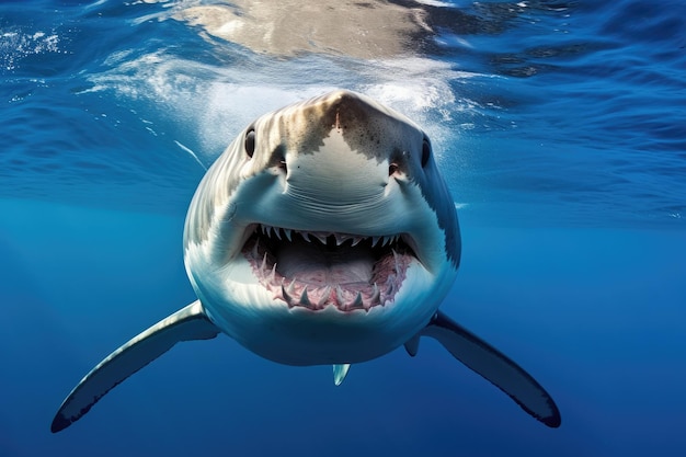 Gran tiburón blanco vista submarina Tiburón nadando con una sonrisa aterradora en el mar de agua azul o el océano Vista delantera