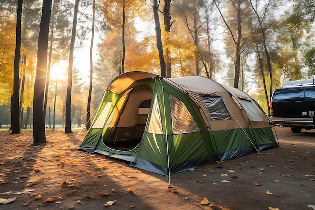 Una gran tienda turística se alza sobre un césped en medio de un bosque en el clima soleado de la mañana de otoño