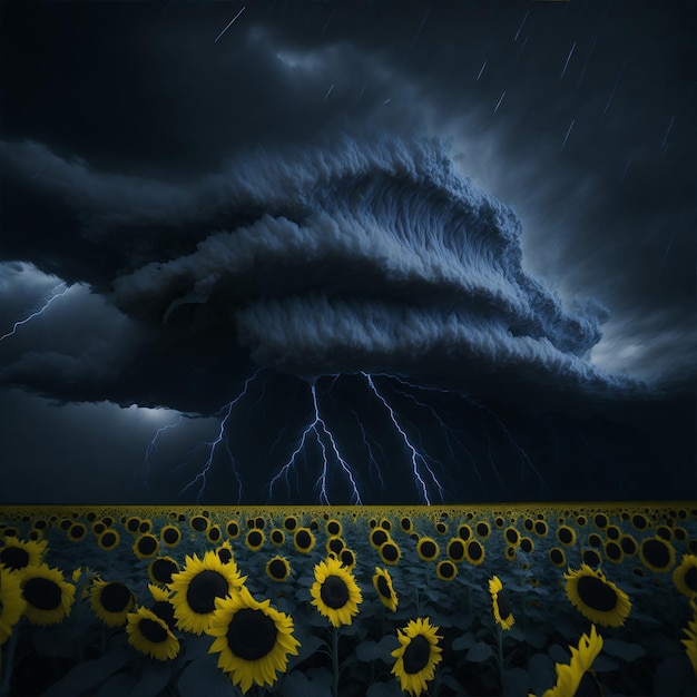 Una gran tormenta en un campo de girasoles