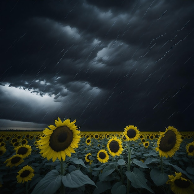 Una gran tormenta en un campo de girasoles