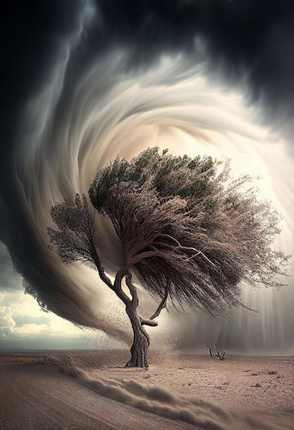 Gran tormenta que sopla un árbol grande en un desierto árido en un clima de sequía Creado con tecnología de IA generativa