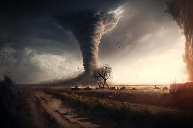 Gran tornado destruyendo el paisaje