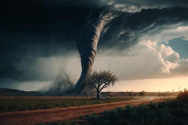 Gran tornado destruyendo el paisaje