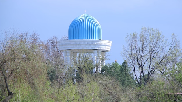 Una gran torre de agua blanca con una cúpula azul encima.