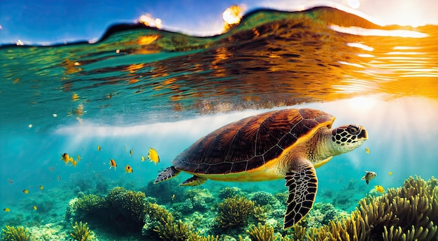 Una gran tortuga marina nadando bajo el agua en un día soleado acompañada de peces