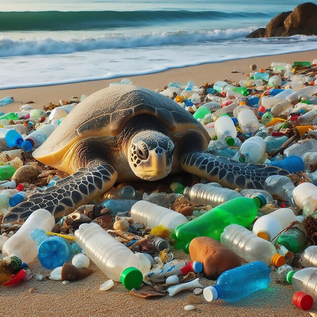 Gran tortuga marina en la playa entre la basura y las botellas de plástico que se preparan para poner los huevos