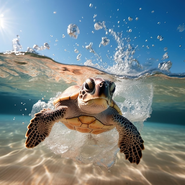 La gran tortuga nada bajo el azul transparente foto de agua clara mitad bajo el agua