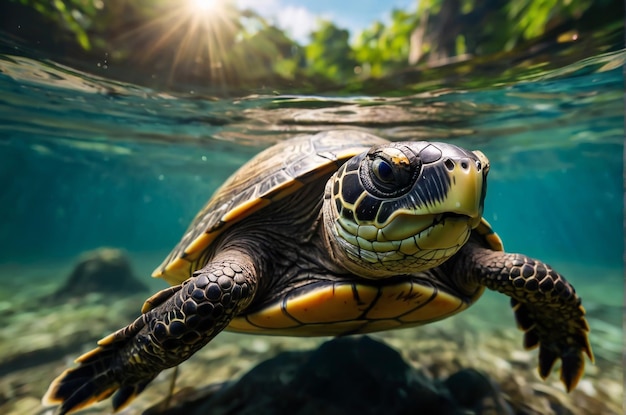 Una gran tortuga del río Amazonas nadando bajo el agua