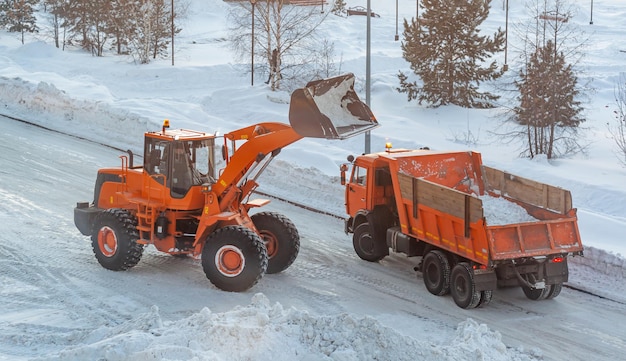 El gran tractor naranja limpia la nieve de la carretera y la carga en el camión. Limpieza y limpieza de caminos en la ciudad de nieve en invierno