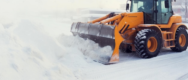 Gran tractor naranja limpia la nieve de la carretera y la carga en el camión Limpieza