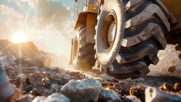 Un gran tractor con ruedas masivas está estacionado en un campo rocoso listo para su próxima tarea de construcción