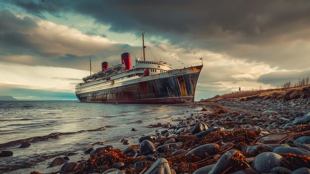 Foto un gran transatlántico abandonado y oxidado se sienta en una playa rocosa el barco está inclinado a un lado y las olas se estrellan suavemente contra el casco