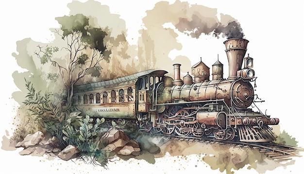 Gran tren antiguo detallado en ilustración de acuarela creado por IA generativa