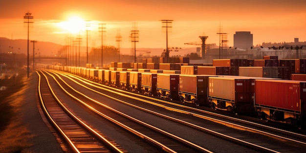 Un gran tren de carga transporta contenedores al atardecer