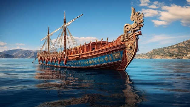 El gran trirema ateniense navega por el mar Egeo azul