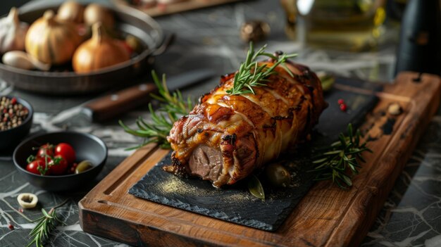 Foto un gran trozo de carne descansa sobre una tabla de cortar de madera con varios ingredientes italianos cerca