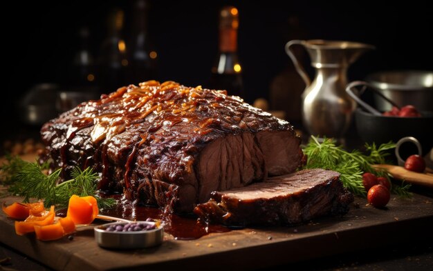 Foto un gran trozo de carne descansando en una tabla de cortar de madera