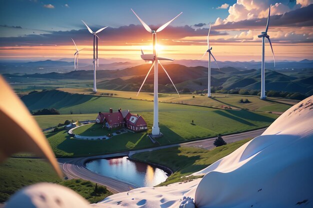 Foto la gran turbina eólica de molino de viento es una nueva forma de energía limpia y protección del medio ambiente