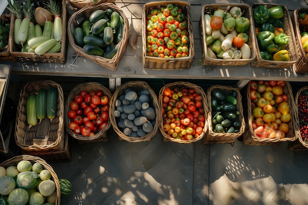 Una gran variedad de frutas y verduras se exhiben en cestas