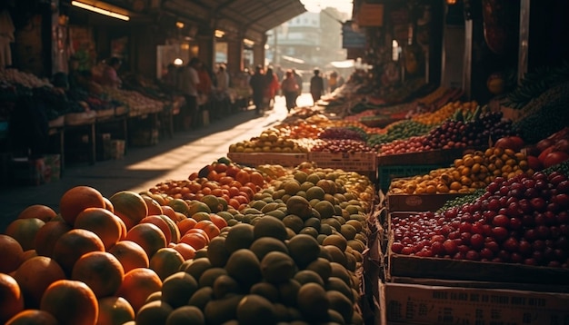 Gran variedad de frutas y verduras frescas a la venta generadas por IA