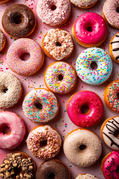 Gran variedad de rosquillas decoradas cada una con diferente glaseado y salpicaduras